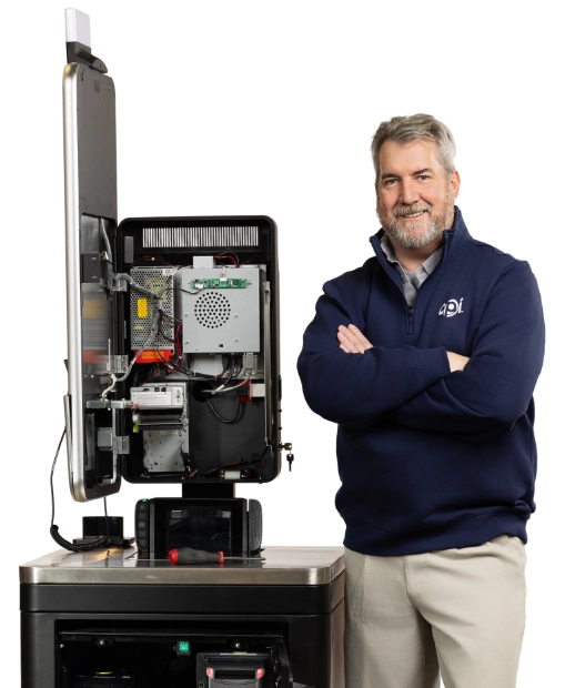 Engineer with open machine
