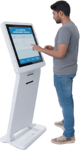 A man operating a hospital kiosk