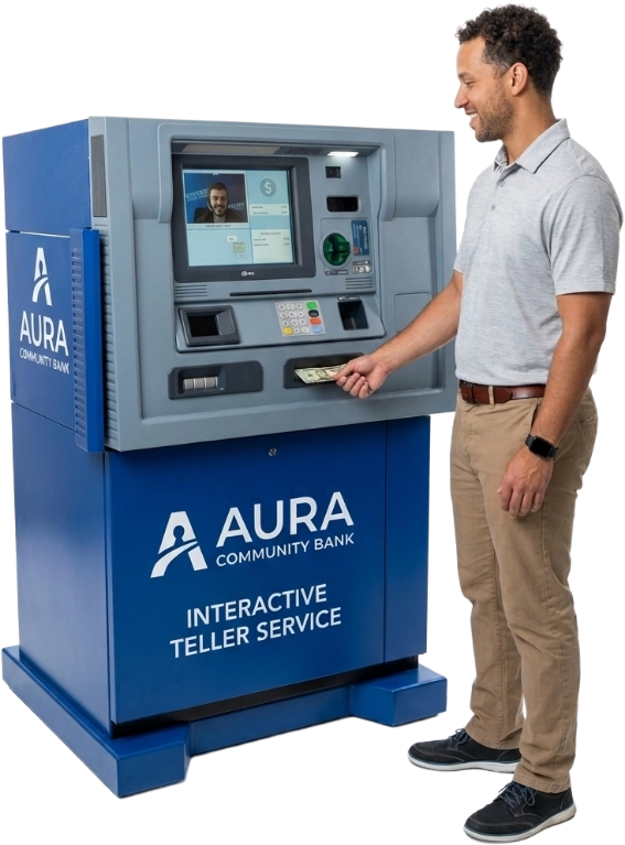 A man using a large interactive teller machine