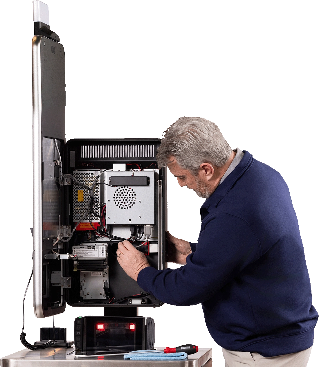 Engineer repairing a self-checkout machine
