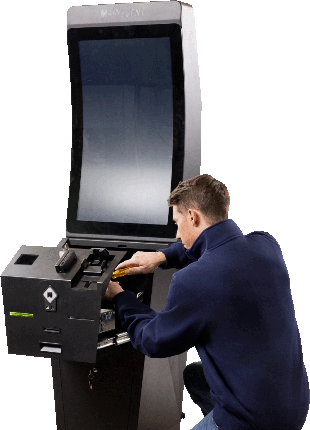 Technician repairing a kiosk machine